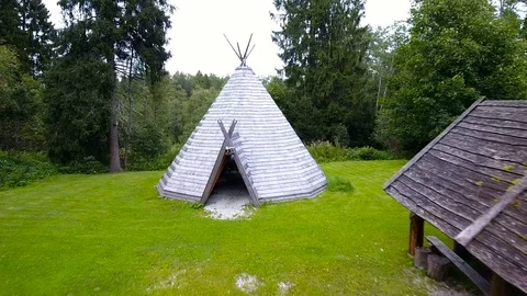 The wooden teepee house in the forest Stock Footage 71812557