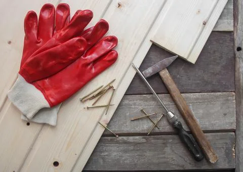 Wooden tile boards with instruments. 스톡 사진