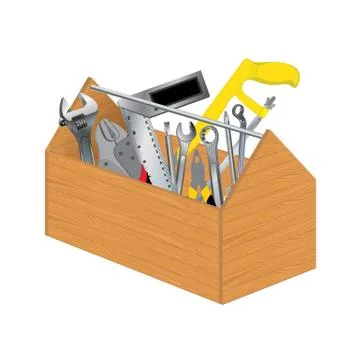 Wooden tool box with object tool on white background. Stock Illustration