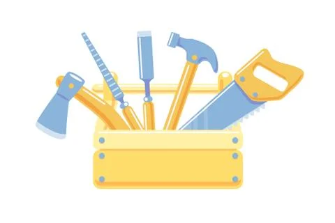 Wooden Toolbox with Carpentry tools isolated vector illustration. Cartoon Stock Illustration