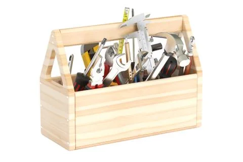 Wooden toolbox with tools, 3D rendering Stock Illustration