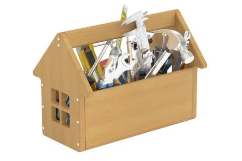 Wooden toolbox with tools, 3D rendering Stock Illustration