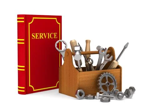 Wooden toolbox with tools and red service book. Isolated 3D illustration Stock Illustration