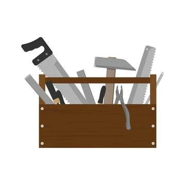 Wooden toolbox with various hand tools 스톡 일러스트