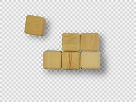 Wooden toy blocks stack with one falling cube isolated on transparent backg.. Stock Photos