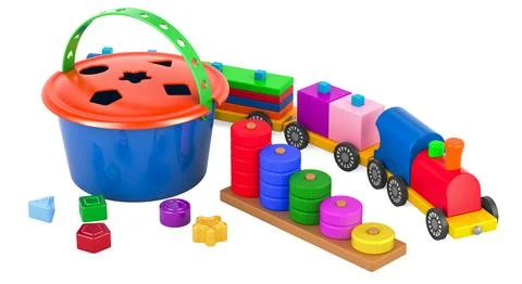 Wooden toy stacking train, shape sorter bucket and wooden colored stacking .. 스톡 일러스트