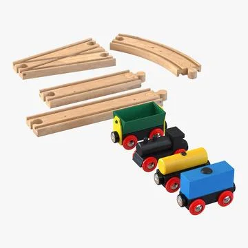 Wooden Toy Train With Track Set 3D Model