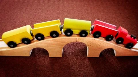 Wooden Train Toy on the Bridge Stock-Fotos