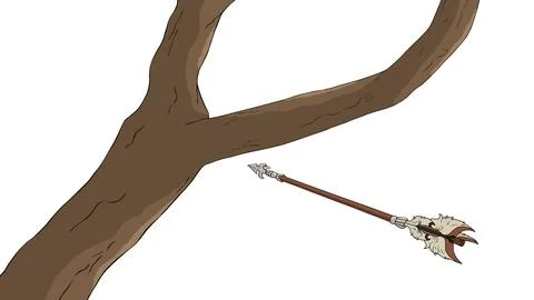 Wooden tree branch with attached primitive arrow and feather fletching Stock Illustration