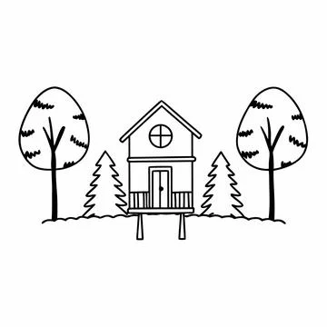 Wooden Treehouse Minimal Flat Vector Stock Illustration