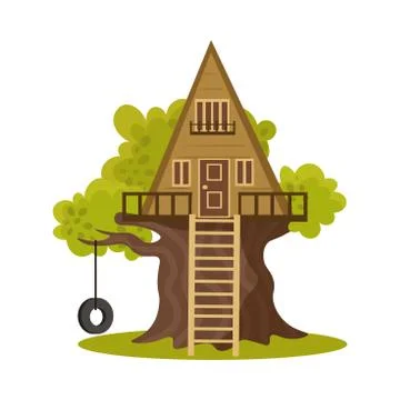 Wooden triangular house on green blooming tree vector illustration Ilustração Stock