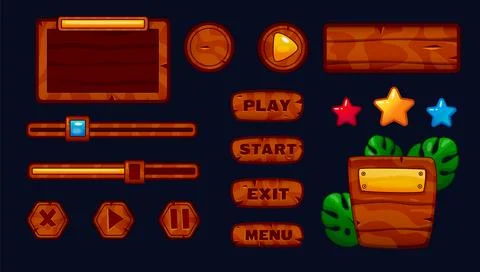 Wooden UI. Game rustic interface. Cartoon button. Panel menu. Plank icon. Ban Illustrazione stock