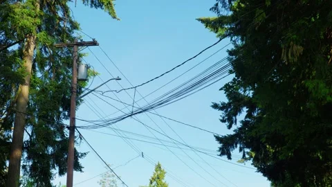 Wooden utility pole with electrical transformer and power lines 库存影片 335543815