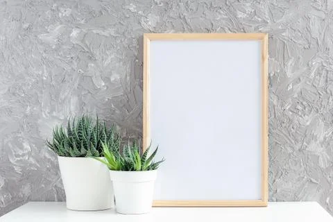Wooden vertical white empty frame and two natural succulents flowers in white Stock Photos