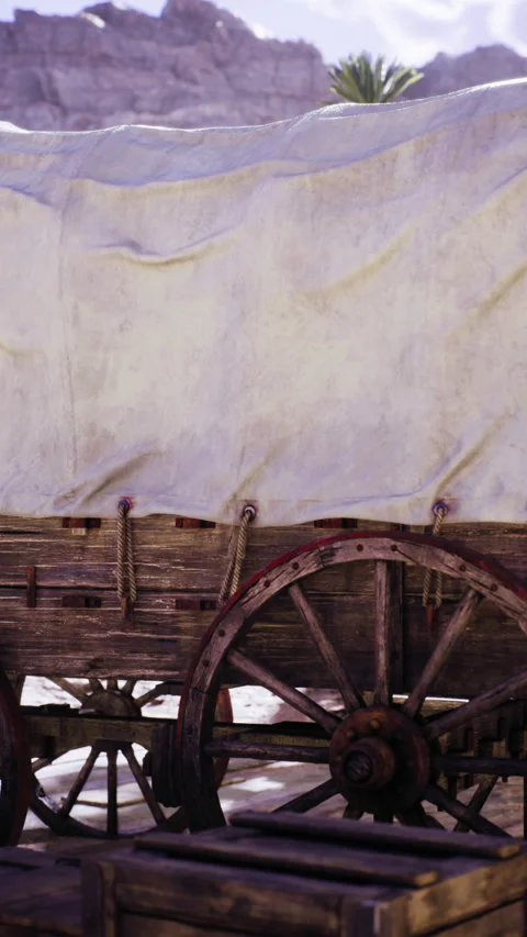 Wooden wagon covered with cloth in a rustic outdoor setting Stock Footage 309036634