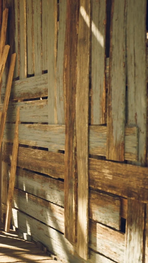 Wooden wall made of different pieces in a well lit indoor setting Stock Footage 342127313