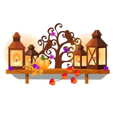 Wooden wall shelf in the shape of a tree with birds and lamps with burning Stock Illustration