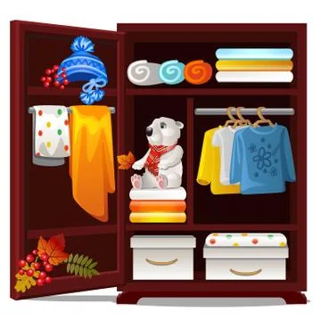 Wooden wardrobe with objects on the autumn theme isolated on white background Stock Illustration