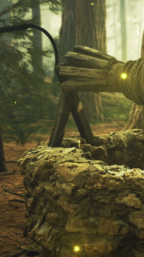 Wooden well structure in a forest with trees and glowing elements at dusk Stock Footage 334257954