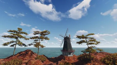 Wooden windmill between trees with ocean in the background Stock Illustration