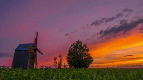 Wooden Windmill at Sunset Stock Footage 79532044