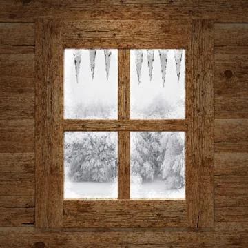 Wooden window overlook the trees covered of snow Stock Illustration