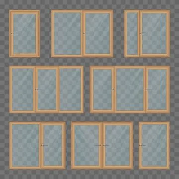 Wooden windows set vector illustration isolated on transparent background Stock Illustration