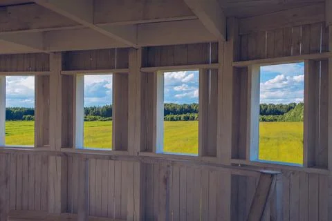 Wooden windows summer view. Window portal to the summer nature landscape. Mea Stock Photos
