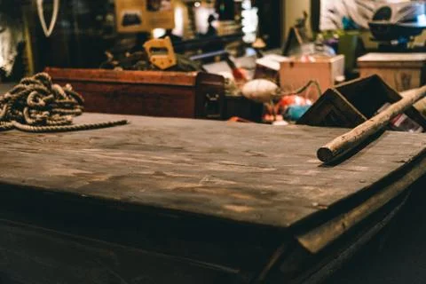 Wooden work surface in workshop 스톡 사진