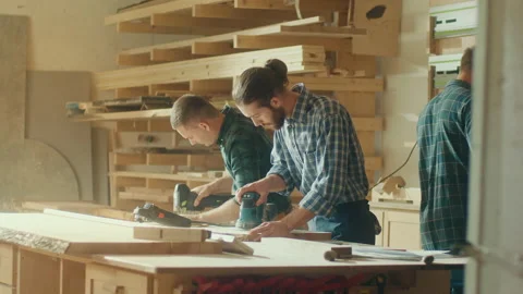 Wooden Workshop Workers During Manufacturing a New Product. Stock Footage 224172501