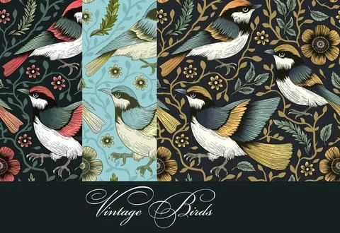 Woodland Bird Seamless Pattern Set Vector Stock Illustration