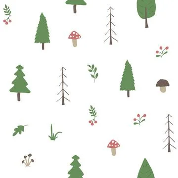 Woodland Seamless pattern, Forest background. Cute cartoon trees and plants v Stock Illustration