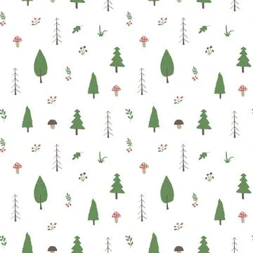 Woodland Seamless pattern, Forest background. Cute cartoon trees and plants v Stock Illustration