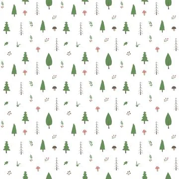 Woodland Seamless pattern, Forest background. Cute cartoon trees and plants v Stock Illustration