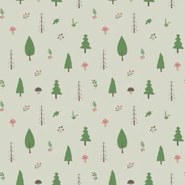 Woodland Seamless pattern, Forest background. Cute cartoon trees and plants v Stock Illustration