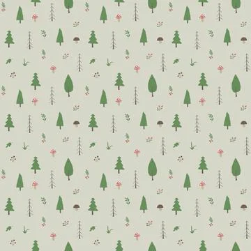 Woodland Seamless pattern, Forest background. Cute cartoon trees and plants v Stock Illustration