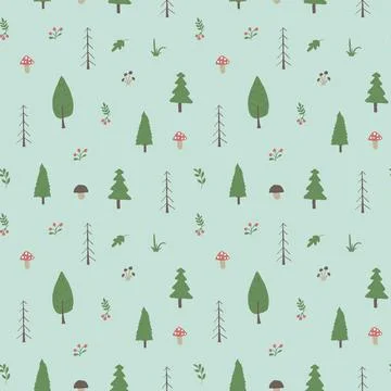 Woodland Seamless pattern, Forest background. Cute cartoon trees and plants v Illustrazione stock
