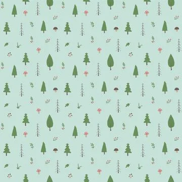 Woodland Seamless pattern, Forest background. Cute cartoon trees and plants v Stock Illustration