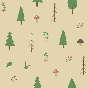 Woodland Seamless pattern, Forest background. Cute cartoon trees and plants v 스톡 일러스트