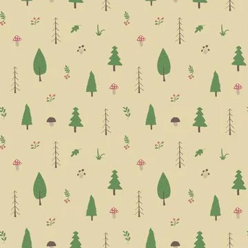 Woodland Seamless pattern, Forest background. Cute cartoon trees and plants v Stock Illustration