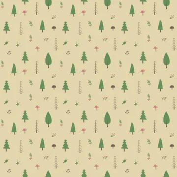 Woodland Seamless pattern, Forest background. Cute cartoon trees and plants v 스톡 일러스트