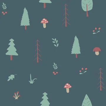 Woodland Seamless pattern, Forest background. Cute cartoon trees and plants v Stock Illustration