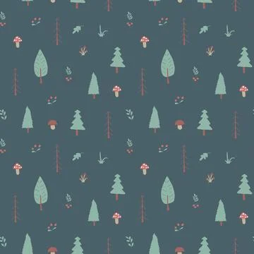 Woodland Seamless pattern, Forest background. Cute cartoon trees and plants v Stock Illustration