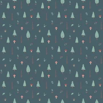 Woodland Seamless pattern, Forest background. Cute cartoon trees and plants v Stock Illustration