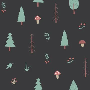 Woodland Seamless pattern, Forest background. Cute cartoon trees and plants v 스톡 일러스트