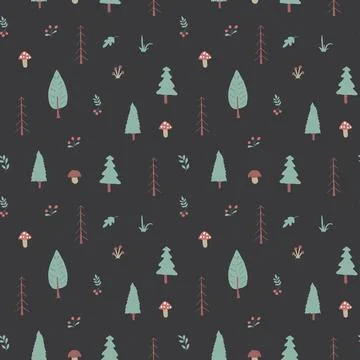 Woodland Seamless pattern, Forest background. Cute cartoon trees and plants v Stock Illustration
