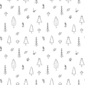 Woodland Seamless pattern, Forest background. Cute cartoon trees and plants v Stock Illustration