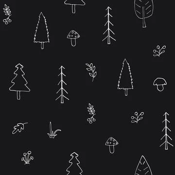 Woodland Seamless pattern, Forest background. Cute cartoon trees and plants v Stock Illustration