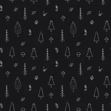 Woodland Seamless pattern, Forest background. Cute cartoon trees and plants v Stock Illustration