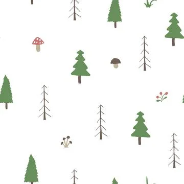 Woodland Seamless pattern, Forest background. Cute cartoon trees and plants v Stock Illustration